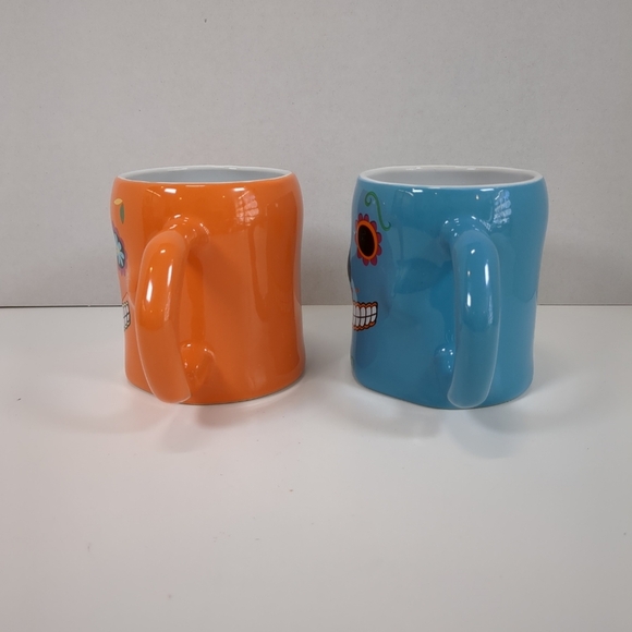 Sugar Skull coffee mugs, blue and orange, day of the dead, Halloween, both mugs - Picture 2 of 8